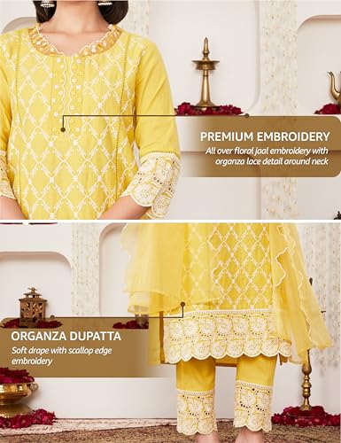 Image of Amazon Brand - Myx Women Embroidered Cotton Kurta Pant Set with Organza Dupatta (Available in Plus Sizes)