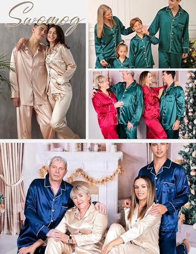 SWOMOG Couples Matching Pajamas Sets Women & Men Silk Satin Long Sleeve Button Down Sleepwear 2 Pcs Classic Loungewear Women Navy Blue Small4