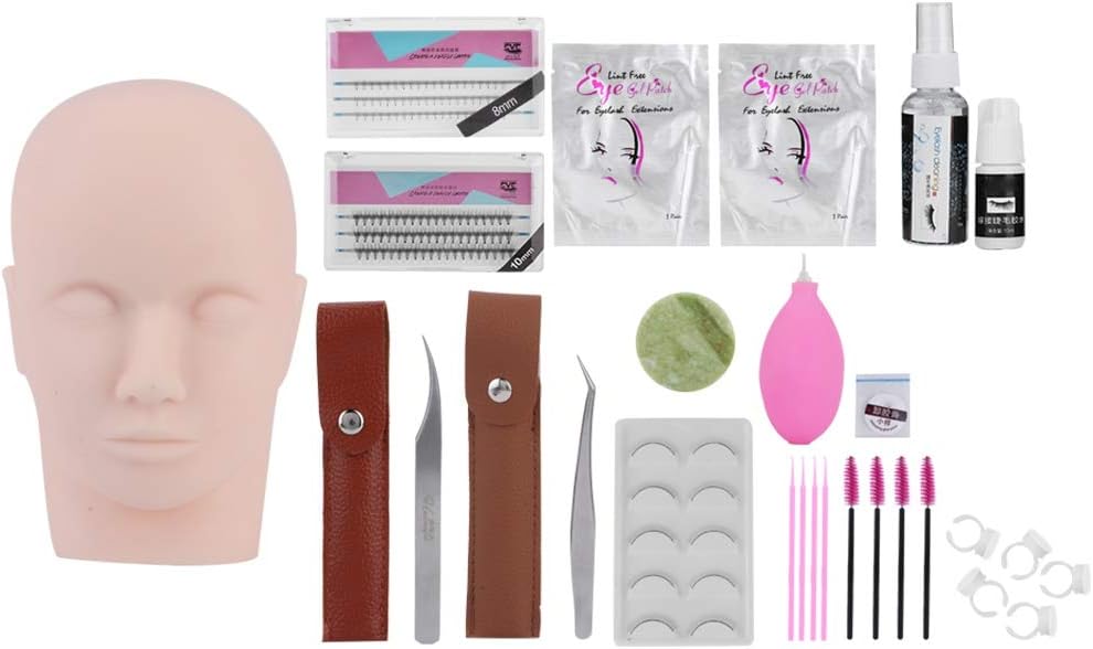 – Eyelashes Extension Kit, Professional Eyelash Grafting Training Tools Lashes Extension Practice Exercise Set with Mannequin Head Lashes Glue Tweezers