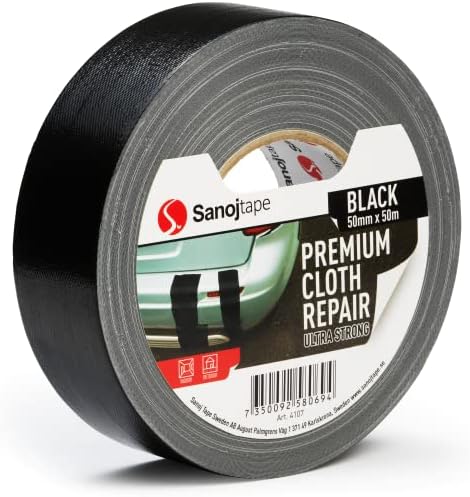 Sanojtape Black Duct Tape 50mm x 50m Strong Gaffer Tape Professional Grade Repair Waterproof Backing Heavy Duty Sticky Cloth Indoor & Outdoor Tear by Hand