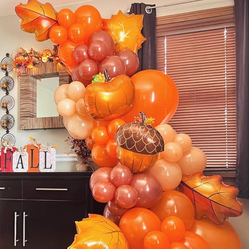 Image of Fall Balloons Thanksgiving Decorations Orange Pumpkin Maple Leaf Pine Cones Mylar Foil Balloon Harvest Autumn Balloons for Happy Thanksgiving Baby Shower Birthday Festival Fall Party Decoration