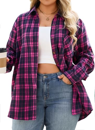 Plaid Shirt for Women Plus Size Long Sleeve Button Down Flannel Shirts Hot Pink Casual Roll Up Checkered Clothing Loose Fit Blouse Fall Tops Outfit 2XL