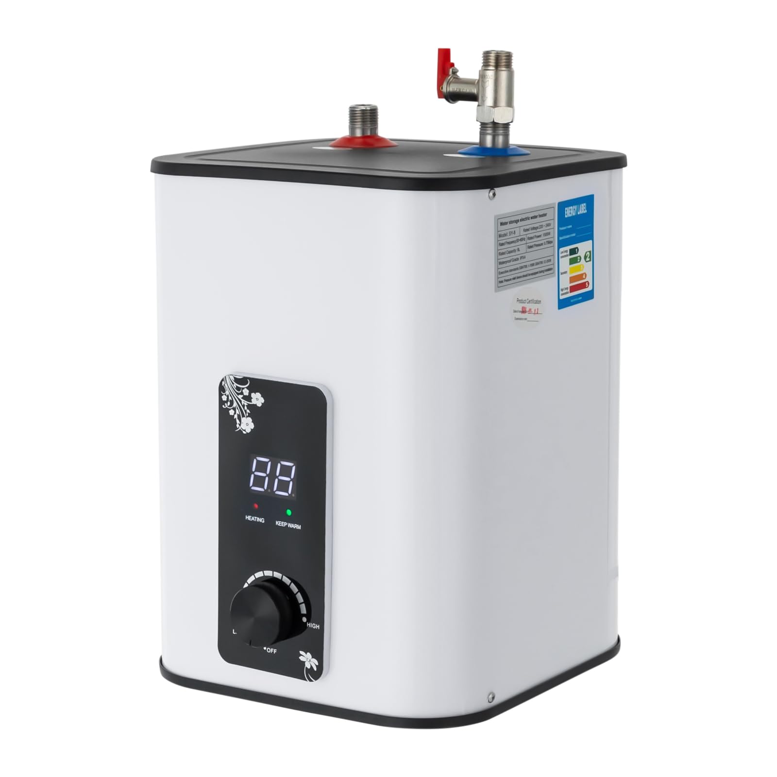 Serbatoio acqua calda da 8 l, scaldabagno istantaneo, 1500 W, con display digitale, scaldabagno elettrico, temperatura regolabile da 0 a 65 °C, per cucina, armadi, bagno