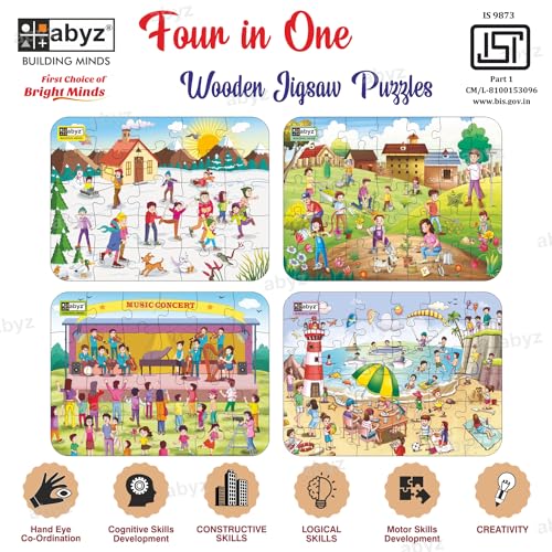 Image of ABYZ Wooden Jigsaw Music Concert, Ice Skating, Gardening, Beach Puzzles 120pcs for Kids of Age 3-5 Years, Set of 4