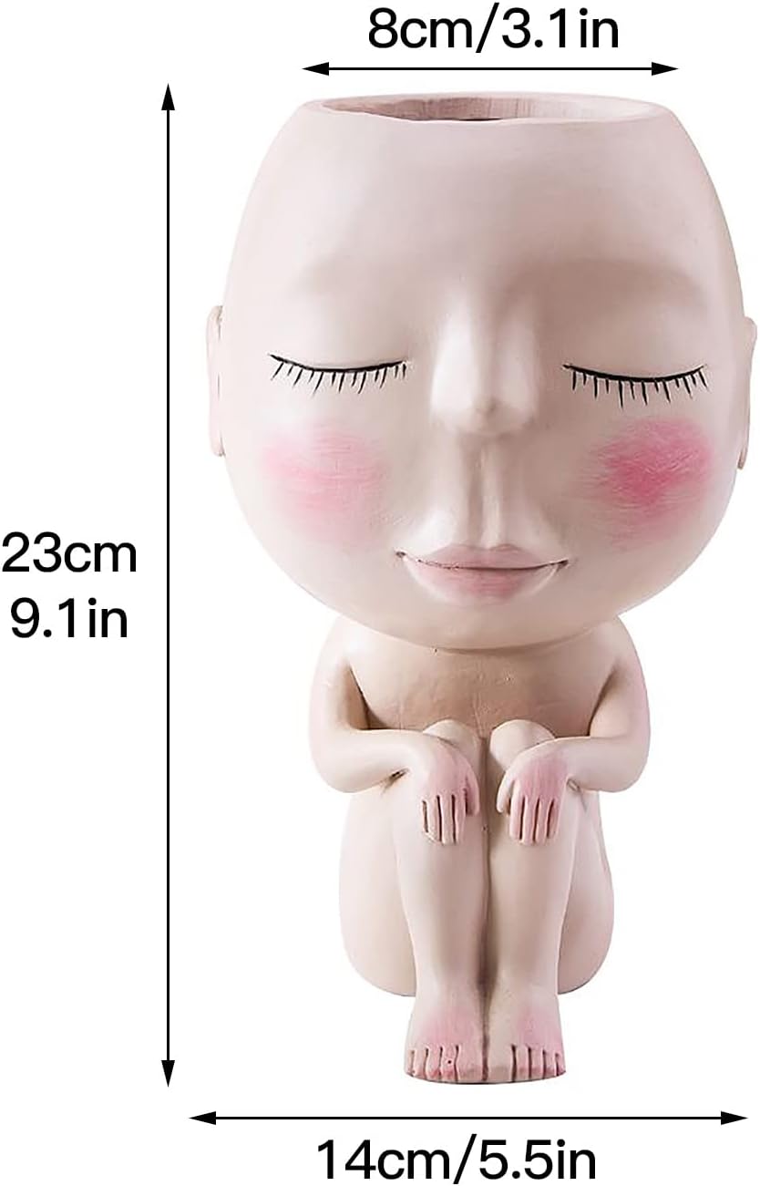 Cute Face Flower Pot Big Head Succulent Planter Pot , Resin Cactus Planters with Drainage Hole,Female Close Eye Design Flower Vases for Indoor Outdoor Plant Creative Decor, 5.5x9x3in/14x23x8cm