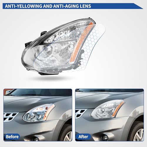 Image of oEdRo Headlight Assembly Compatible with 2008 2009 2010 2011 2012 2013 Rogue (Not Compatible on Models w /Factory HID Headlights) Headlamp with Amber Reflector Clear Lens Chrome Housing