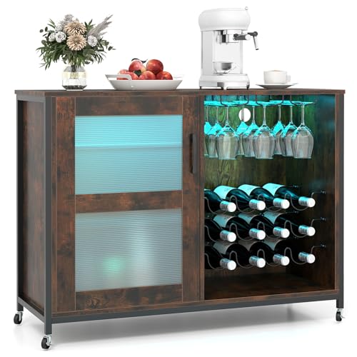 COSTWAY Meuble Bar à Vin avec Lumière LED, Buffet de Cuisine pour 42 Bouteilles, Placard avec Étagères Réglables, Supports à Verres, Industrielle,...