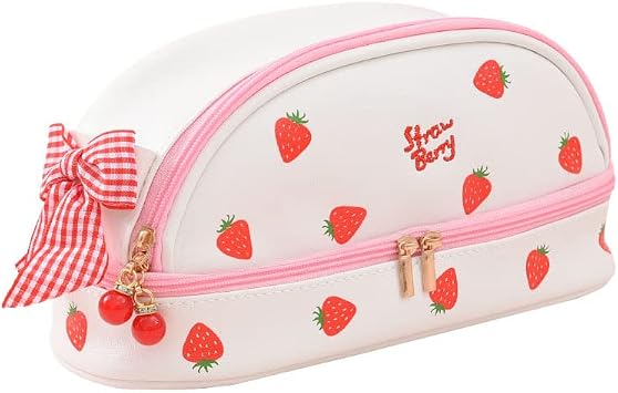 Large Capacity Pen Pencil Case Kawaii Stationery Pouch, Students PU Leather Aesthetic Japanese Zipper Cosmetic Bag School Supplies for Back to School, College and Office Pink-Strawberry