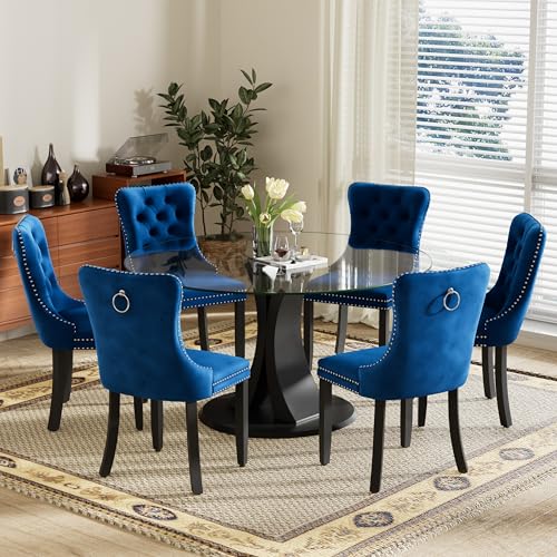 Image of 7-Piece Dining Table Set with 47In Tempered Glass Table and 6 Velvet Upholstered Chairs, Modern Scandinavian Furniture for Dining Room Kitchen(Blue)