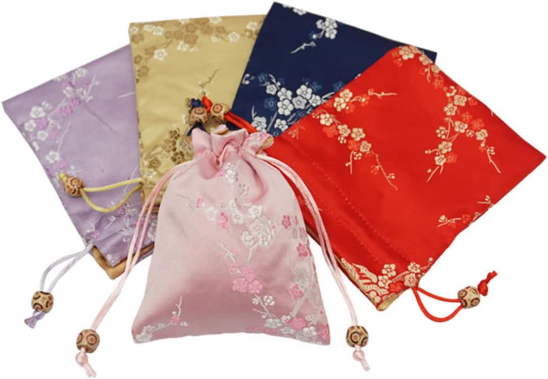 Baluue Jewelry Pouches Bulk 5pcs Brocade Velvet Bags Embroidered Jewelry Pouches Blossom Design Silk Drawstring Storage Bags
