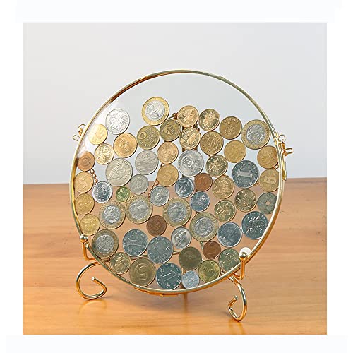 Ebrima Gold Glass Frame for Coin Display, Wall Hanging Coin Collecting Holders, Currency Dollar Bill Collection Supplies Holders for Collectors, Glass Piggy Bank (Round with bracket)
