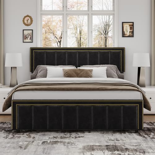 Image of BarnFurin King Size Size Bed Frame with 50 inch Tall Headboard and Footboard, Chenille Upholstered Bed Frame, Vertical Channel Tufting with Nailhead Trim, No Box Spring Needed, Easy Assembly, Black