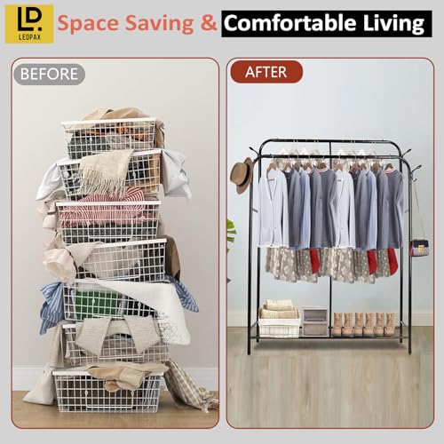 Image of LEOPAX Premium Metal Garment Rack, Coat Rack, Clothes Stand, Closet Organizers and Storage with Single Layer Shelf for Storing Clothes, Shoes, Bags - Black - 135 x 28 x 154cm