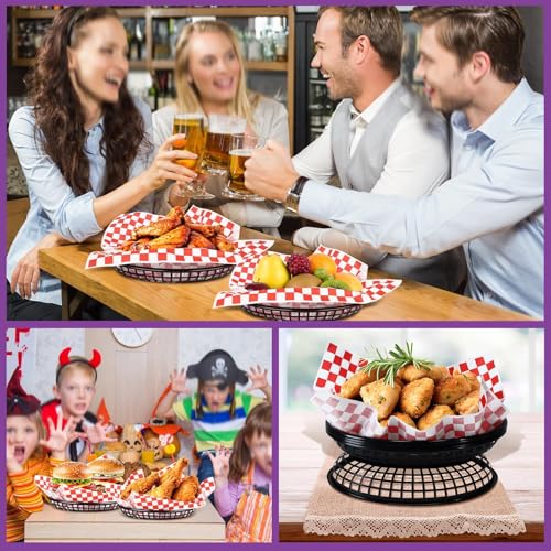 Hslife 120 Sheets Red Checkered Deli Liners and 12 Black Fast Food Baskets, Classic Deli Baskets with Red Checkered Dry Waxed Deli Paper (9-Inch*5.5-Inch)