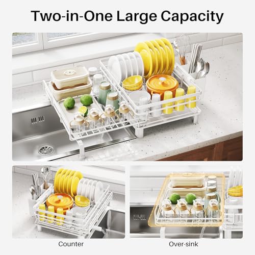 Image of SNTD Dish Drying Rack - Extendable Dish Rack, Large Sink Drying Dish Drainer for Kitchen Counter, Stainless Steel Dish Strainer with Utensil Holder (White)