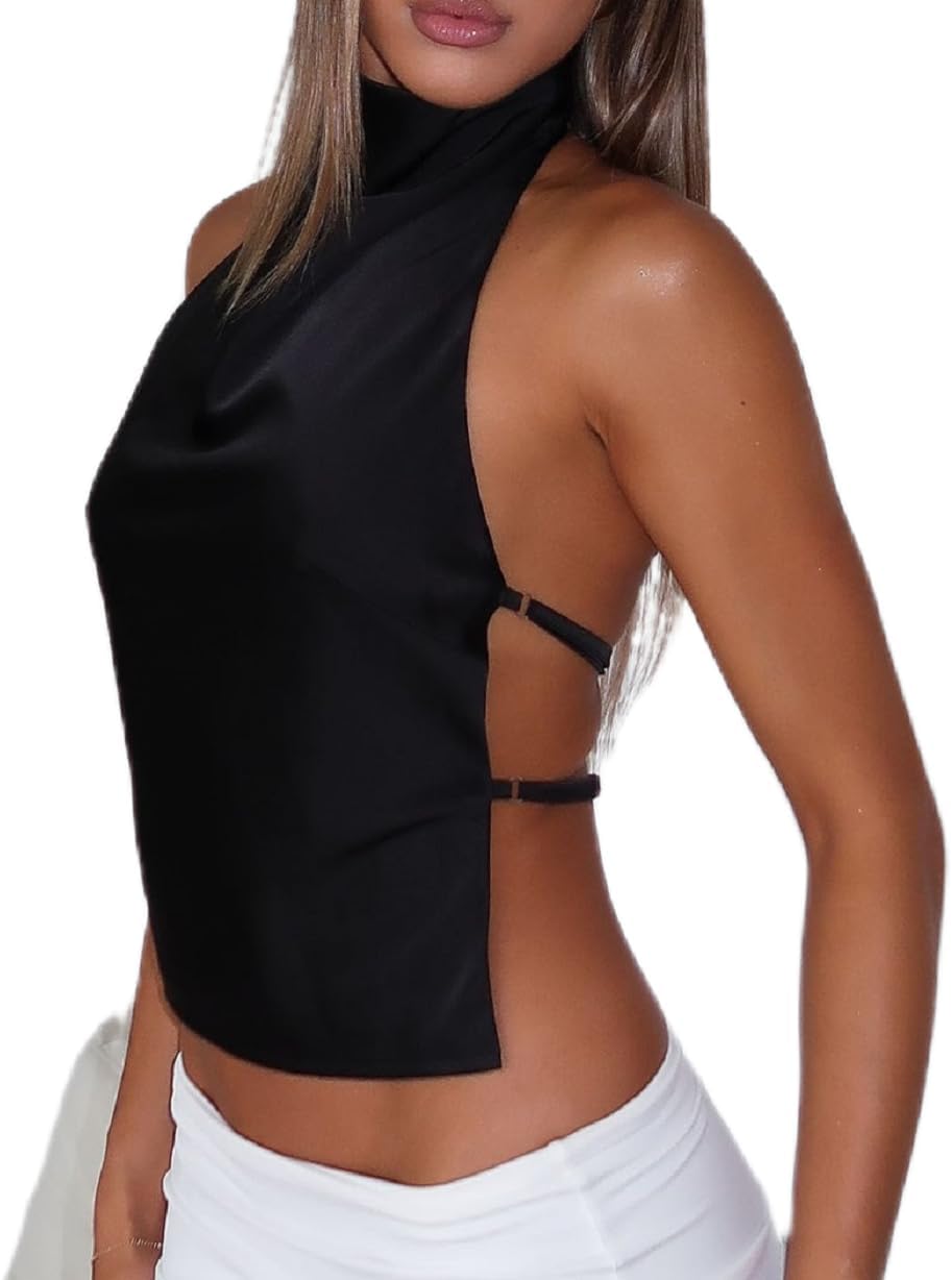 Women Y2k Polka Dots Halter Tank Tops Cute High Mock Neck Backless Cami Sexy Open Back Camisole Going Out Tops