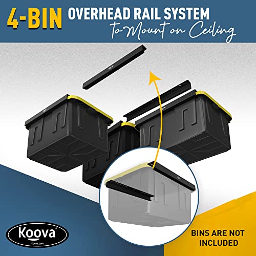 Image of Koova Heavy-Duty Overhead Garage Storage Rack for 4 Bins. Adjustable Width, 160lb Capacity. DIY Safe Ceiling Mount, Easy Install. Fits 27-Gallon Totes. USA Made Pro-Grade Steel. Space Saving Organizer