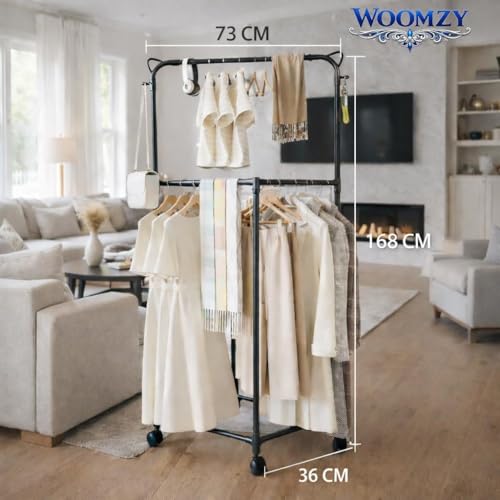 Image of WOOMZY Heavy-Duty Metal Hanger Stand for Clothes Hanging, Garment Stand Rack Clothe Storage Freestanding Cloth Hanging Stand for Bedroom, Entryway, Support for Side Back (Black-Round)