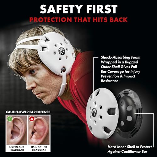 WrestlingMart Throwback Headgear, White - Comfort Foam Padding, Durable Protection with Six Vent Holes - Adjustable Staps for Youth to Adults - Thumbnail 3