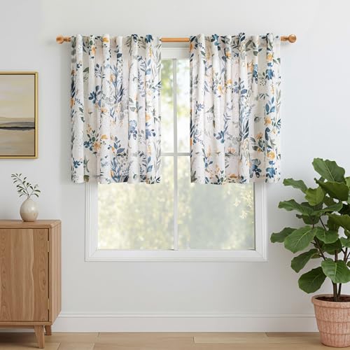 Image of MYSKY HOME Linen Floral Kitchen Curtains 36 Inch Long 2 Panels Semi Sheer | Light Filtering Farmhouse Over Sink Curtains Cafe Half Window Drapes Back Tab Rod Pocket, 50 inch W Each Panel, Yellow and Blue