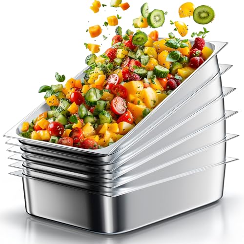WantJoin Steam Table Hotel Pans 1/1 Full Size 4 Inch Deep 6 Pack, Stainless Steel Metal Tray Sets Food Storage Container for Restaurant Chafing Dishes Commercial Buffet Warmer Catering Supplies