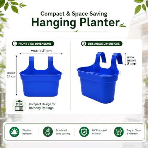 Image of Go Hooked 12 Inch Plastic Railing Hanging Planter Pot Set of 5 | Rectangular Flower Pots with Double Hook for Garden Fence Balcony Indoor Outdoor Home Decor | Durable Plant Container (Blue)