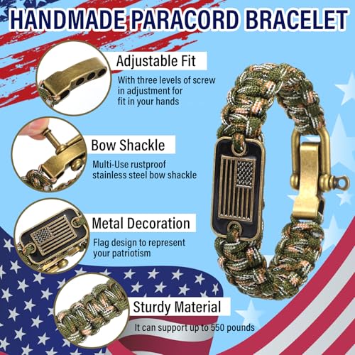 Tondiamo 10 Set Veterans Day Paracord Bracelet for Men Military Army Tactical Survival Bracelet with Bronze USA Flag with Memorial Day Card Bulk Organza Bag3