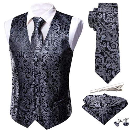 Image of Barry.Wang Men's Suit Vest Formal /Leisure Paisley Jacquard Silk Tie Pocket Square Waistcoat Set Wedding 5PCS