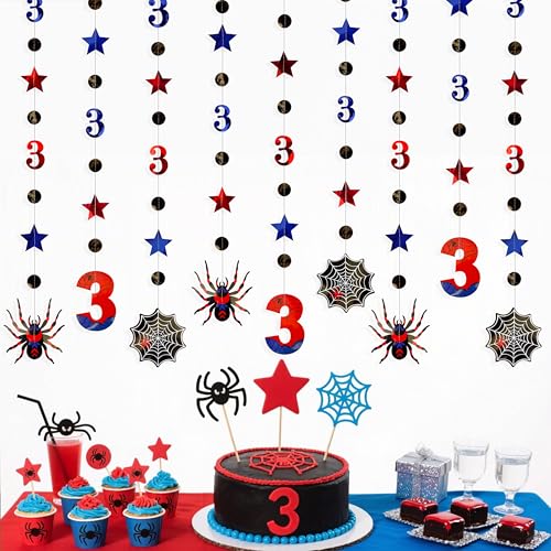 Image of 42Ft Spider 3rd Birthday Party Decorations Red Blue Stars and Black Spider Web Garland Streamer for Boys 3rd Cartoon Spiders Birthday Super Heros Cartoon Bday Party Decor Supplies