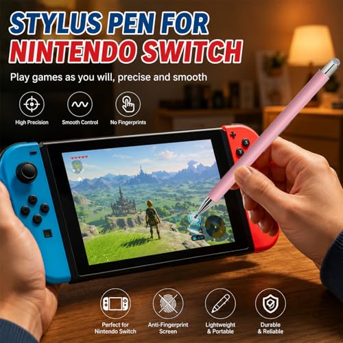 Image of Stylus and Mount for Nintendo Switch /Skylight Calendars 15 /27 Inch, Dual Tip with Mesh and Disc Tip | Magnetic Pen Cap | Flexiple Stylus Holder Mount to Calendar,Capacitive Stylus Pen-White-Pink