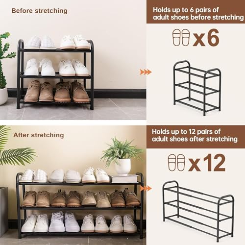 Image of Abja Novelties (Popular Rack In Us Market) Expandable Heavy Duty Shoe Rack, Adjustable Shoe Shelf Storage Organizer Metal Free Standing Home Shoe Rack (3 Tier, Black)