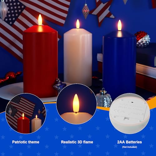 Image of Patriotic Red White and Blue Candles, Real Wax Flameless Pillar Candles with Remote, 4th of July Led Candles, Independence Day Flameless Candles for Patriotic Decor, 3 Pack (D 3 inch x H 6 inch)