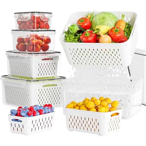 KEMETHY 5 Pack Fruit Storage Containers for Fridge with Removable Colanders - Food Storage Containers with Lids, BPA-Free Produce Containers Keep Fruits, Vegetables, Berry, Meat Fresh Longer Cover