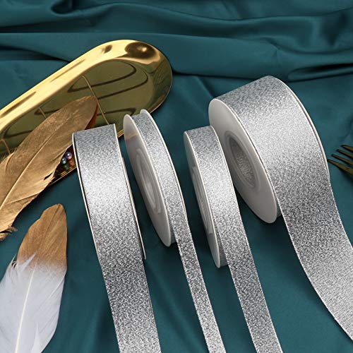 4 Rolls Glitter Silver Ribbon, Ribbon For Gift Wrapping, Holiday Party, Wedding Decoration, Fabric Ribbon For Balloons, Floral Diy, And Classroom Decor, 4 X 25 Yards,(3/8", 5/8", 1", 1-1/2") #TOP5