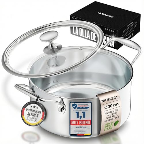 Morleos Olla para sopa de 20 cm de diámetro, 3 l, 1,8 kg, altura de 10 cm, olla de acero inoxidable apta para inducción, apta para lavavajillas, moderna tapa de cristal plana, 5 capas, olla pequeña de