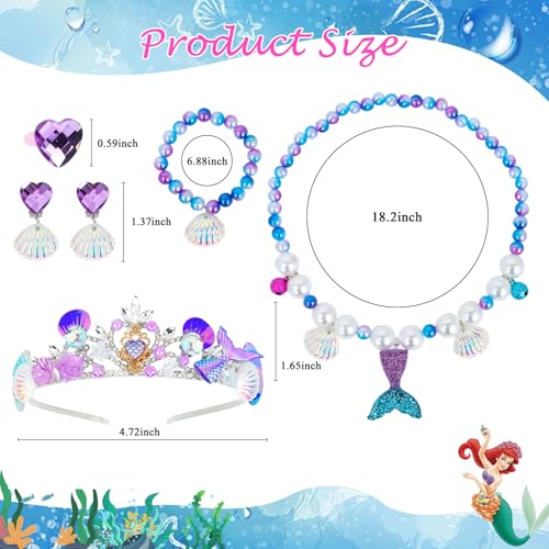 6 Pcs Mermaid Crown Mermaid Necklace Bracelet Earrings Ring Set Jewelry Mermaid Jewelry the Little Mermaid Party Decorations Princess Party Dress Up2