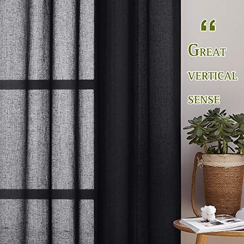 NICETOWN Natural Flax Sheer Linen Curtains Grommet Top, Semitransparent Vertical Blinds Solid Cool Window Treatment Privacy with Light Filter for Boys Bedroom, Black, W52 x L45, Set of 2