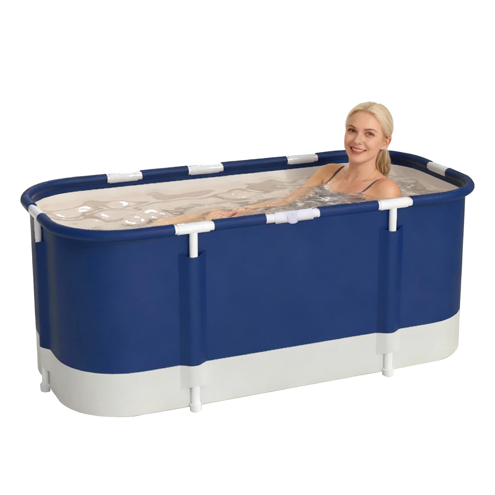 Vasca da bagno portatile, vasca da bagno pieghevole da 115cm, vasca da bagno addensata a 7 strati con supporto in metallo, SPA (Blu e bianco)