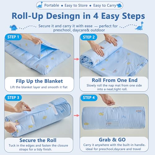 Image of Cotton Toddler Nap Mat with Pillow and Blanket,Extra Large Rolled Napping Mats,Slumber Bags for Boys Girls,Kids Sleeping Mat for Daycare,Preschool Kindergarten-Blue Fish