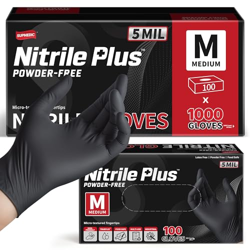 Image of Supmedic Black Nitrile Exam Gloves, 5 Mil Chemical Resistant Powder-Free Food Safe Disposable Medical Glove 100Pcs (Medium)