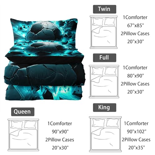 Image of Nttopship Soccer Bedding Comforter Set Full Size for Kids Teens and Adults, Turquoise Black Football Printed Bedding Sets 3 PCS,Ball Sports Themed Bedroom Decor with 1 Comforter and 2 Pillowcases