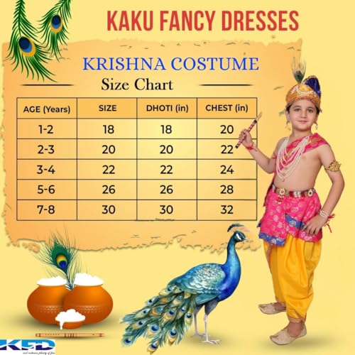 Image of Kaku Fancy Dresses Krishna Costume With Dhoti For Boy /Janmashtami /Bal Gopal Dress /Kanha Costume /Bal Krishna /Mythological Costume For Boy - Yellow-Red, 1-2 Years