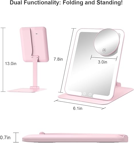 Miniatura 2 de Gospire Espejo de maquillaje de viaje con luces y aumento 10X, espejo de mesa compacto de maquillaje portátil con soporte ajustable, 3 luces de