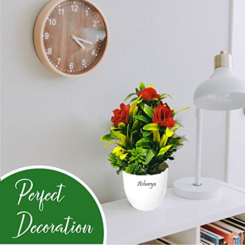 Image of Artificial Flower Plants for Home Decor - Set of 2 Mini Potted Plants in White Pots | Red & Blue Ideal for Living Room, Office, Indoor Outdoor Decoration