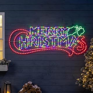 Christow Merry Christmas Light Up Sign, Energy Efficient LED Outdoor Wall Decoration, Flashing Multi Coloured Rope Light Silhouette, Mains Operated (185cm)