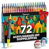 Zenacolor - 72 Farben Acrylstifte für Steine Wasserfest - mit Doppelspitze - Feine und Pinsel - Für Verschiedene Oberflächen Geeignet - Multimarker Acryl