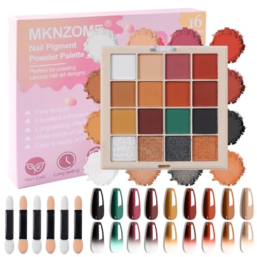 Image of Nail Pigment Powder Palette, 16 Colors Orange Brown Fall Collection Solid Autumn Nails Set Pigmentos para Unas, Nail Art Palette Manicure DIY Accessories