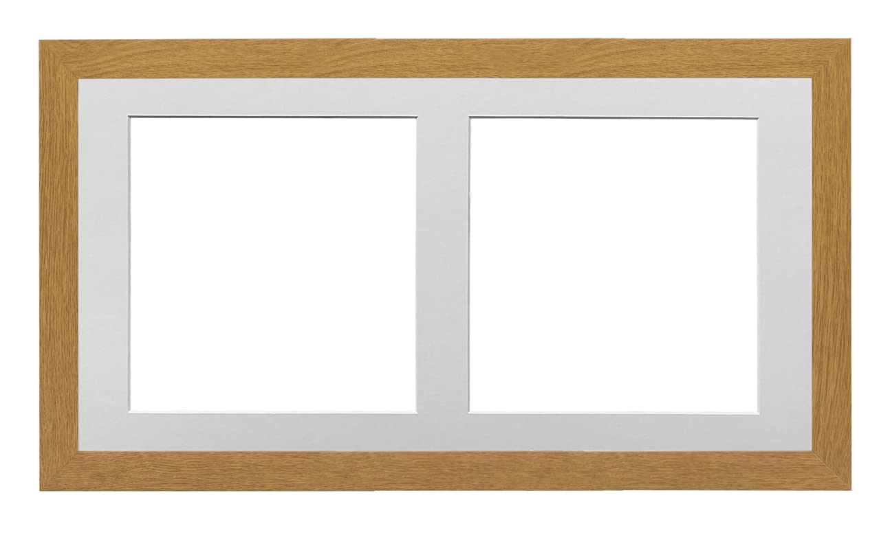 Oak Frame 20x10' Multi Aperture Picture Frame with White Mount to fit (2x) 8x8' Photos with Perspex Sheet - Wall Mountable Landscape or Portrait