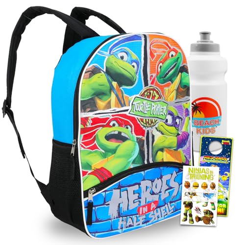 Mochila TMNT para meninos – Pacote com mochila infantil de Tartarugas Ninja de 38 cm, bolsa de água, adesivos, mais | TMNT Material escolar para meninos de 4 a 8 anos, Verde, Medium, Mochila escolar