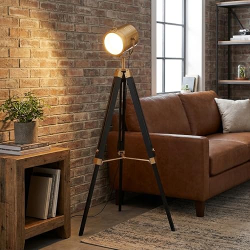 Alpinaluz lampe sur pied trépied bois noir avec abat-jour dor...